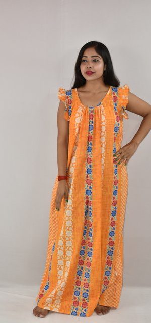 Yellow Cotton Maxi nighty Round Neck Short Sleeves with pleats