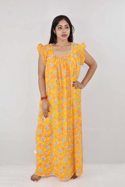 BDROX Cotton Yellow Maxi Nighty