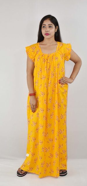 Yellow Cotton Maxi Nighty Square Neck Short Sleeves with pleats