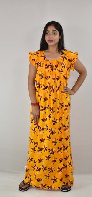 Yellow Cotton Maxi Nighty Square Neck Short Sleeves with pleats