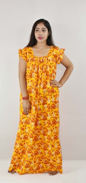 Yellow Cotton Maxi Nighty Square Neck Short Sleeves with pleats