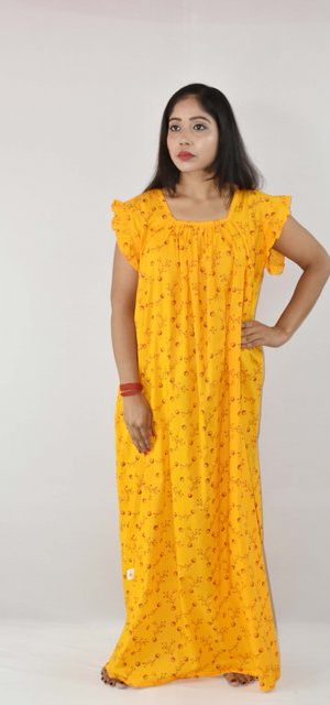 Yellow Cotton Maxi Nighty Square Neck Short Sleeves with pleats