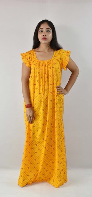 Yellow Cotton Maxi Nighty Square Neck Short Sleeves with pleats