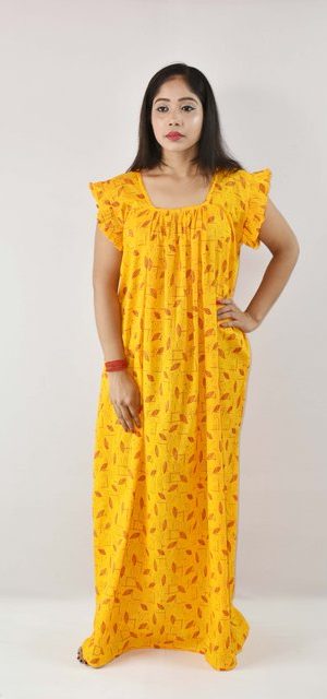Yellow Cotton Maxi Nighty Square Neck Short Sleeves with pleats