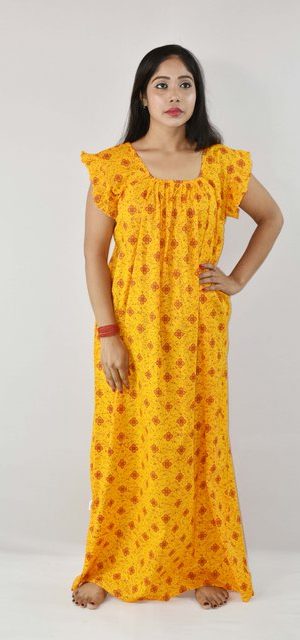 Yellow Cotton Maxi Nighty Square Neck Short Sleeves with pleats
