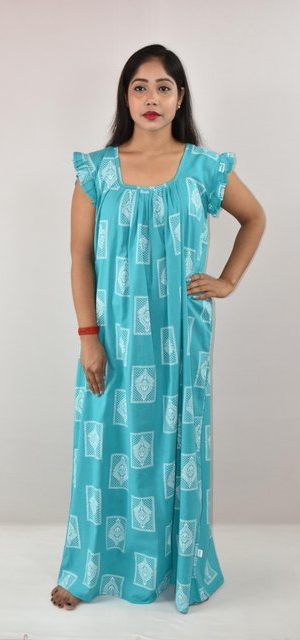 Sky Blue Cotton Maxi Nighty Square Neck Short Sleeves with pleats