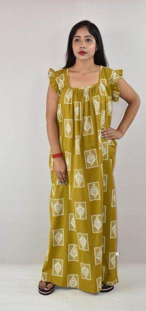 Yellow Cotton Maxi Nighty Square Neck Short Sleeves with pleats