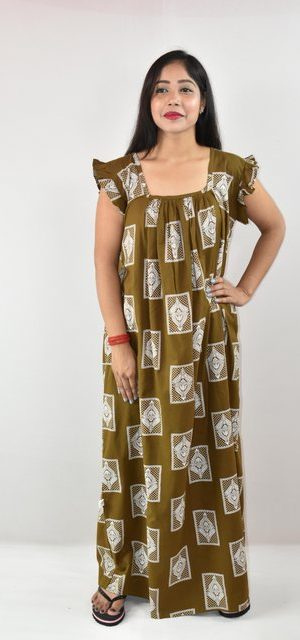 Yellow Cotton Maxi Nighty Square Neck Short Sleeves with pleats