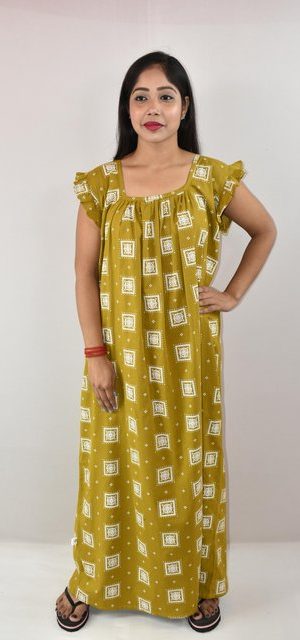 Yellow Cotton Maxi Nighty Square Neck Short Sleeves with pleats