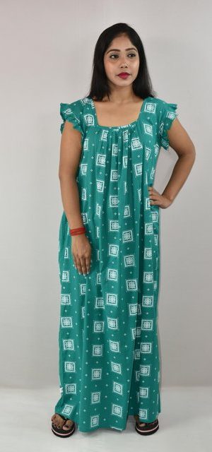 sea Green Cotton Maxi Nighty Square Neck Short Sleeves with pleats