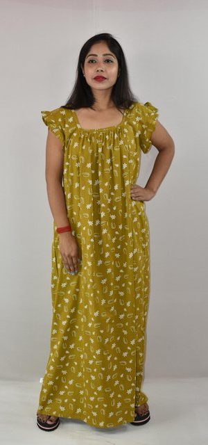 Yellow Cotton Maxi Nighty Square Neck Short Sleeves with pleats