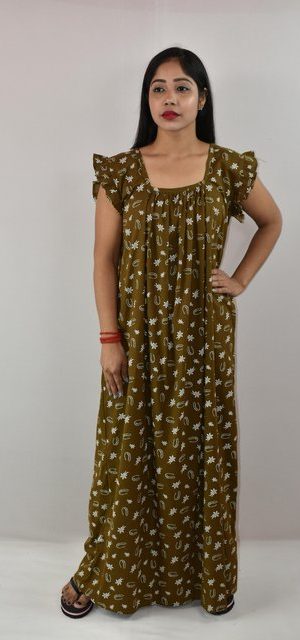 Walnut Cotton Maxi Nighty Square Neck Short Sleeves with pleats