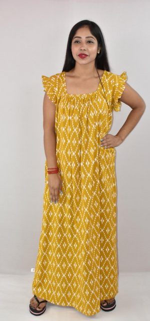 Yellow Cotton Maxi Nighty Square Neck Short Sleeves with pleats