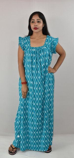 Sky Blue Cotton Maxi Nighty Square Neck Short Sleeves with pleats