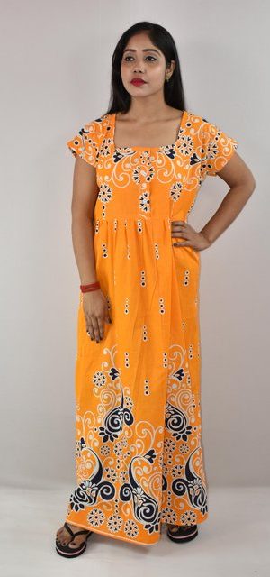 Yellow Cotton Maxi Nighty Square Neck Short Sleeves with Button