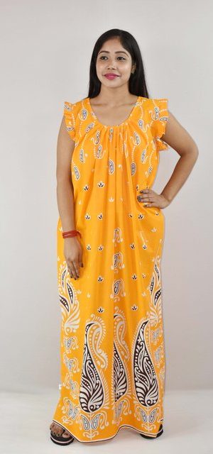 Yellow Cotton Maxi Nighty round Neck Short Sleeves with pleats