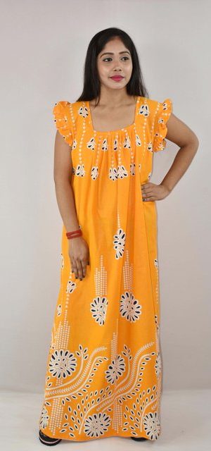 Yellow Cotton Maxi Nighty Square Neck Short Sleeves with pleats