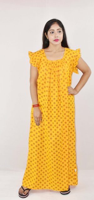 Yellow Cotton Maxi Nighty Square Neck Short Sleeves with pleats