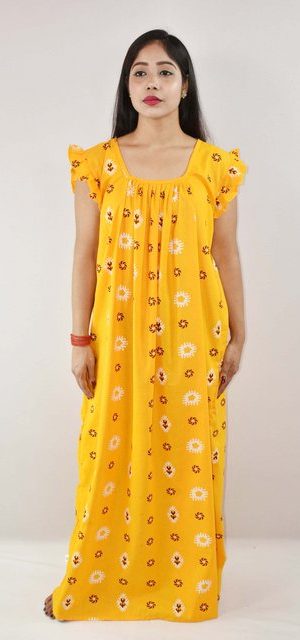 yellow Cotton Maxi Nighty Square Neck Short Sleeves with pleats