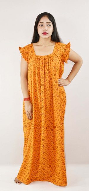 yellow Cotton Maxi Nighty Square Neck Short Sleeves with pleats