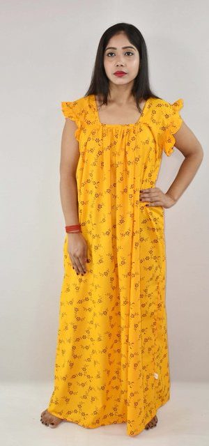 Yellow Cotton Maxi Nighty Square Neck Short Sleeves with pleats