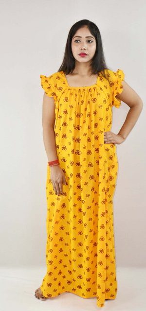 Yellow Cotton Maxi Nighty Square Neck Short Sleeves with pleats
