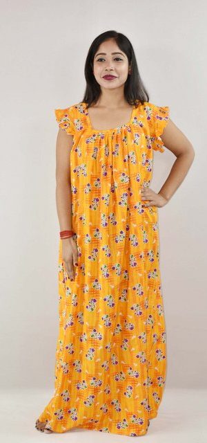 yellow Cotton Maxi Nighty Square Neck Short Sleeves with pleats