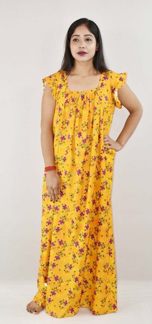 Yellow Cotton Maxi Nighty Square Neck Short Sleeves with pleats