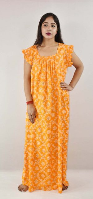 Yellow Cotton Maxi Nighty Square Neck Short Sleeves with pleats