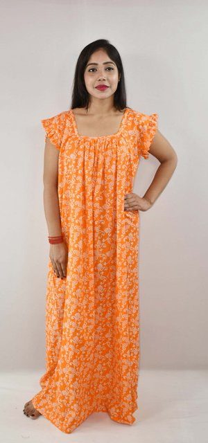 Yellow Cotton Maxi Nighty Square Neck Short Sleeves with pleats