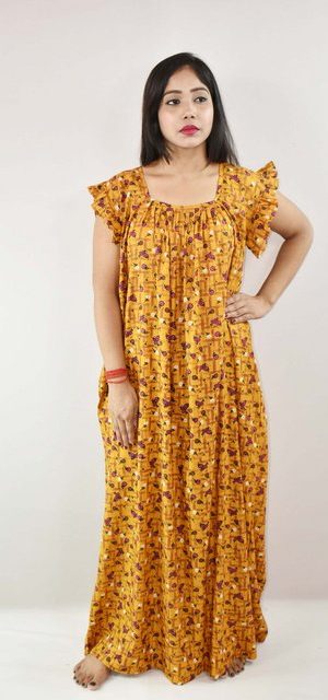 Yellow Cotton Maxi Nighty Square Neck Short Sleeves with pleats