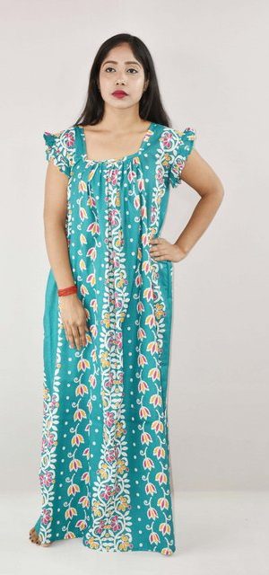 Sea Green Cotton Maxi Nighty Square Neck Short Sleeves with pleats