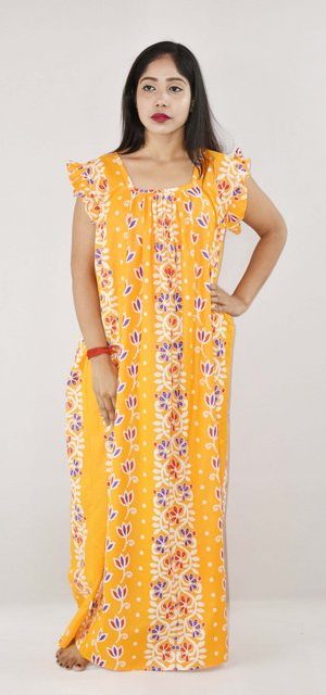 Yellow Cotton Maxi Nighty Square Neck Short Sleeves with pleats