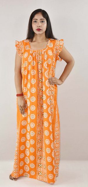 Yellow Cotton Maxi Nighty Square Neck Short Sleeves with pleats