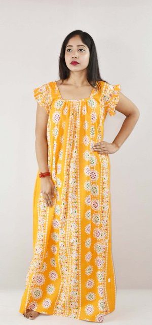 Yellow Cotton Maxi Nighty Square Neck Short Sleeves with pleats