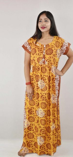 Yellow Cotton Maxi Nighty V Neck Short Sleeves with Button