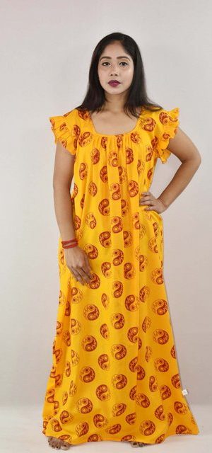 Yellow Cotton Maxi Nighty Square Neck Short Sleeves with pleats