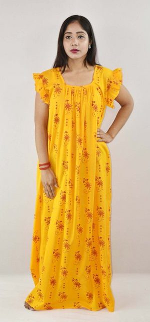 Yellow Cotton Maxi Nighty Square Neck Short Sleeves with pleats