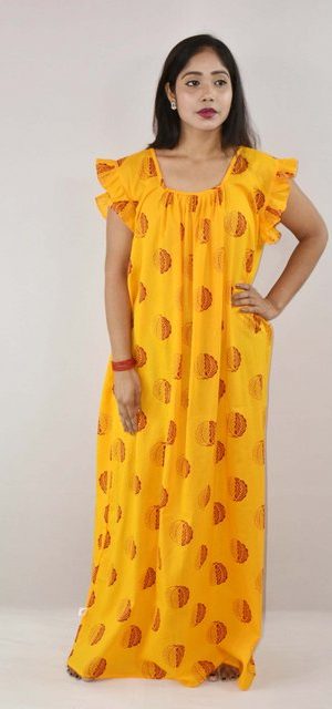 Yellow Cotton Maxi Nighty Square Neck Short Sleeves with pleats
