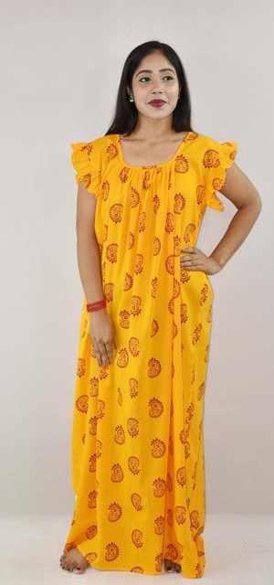 Yellow Cotton Maxi Nighty Square Neck Short Sleeves with pleats