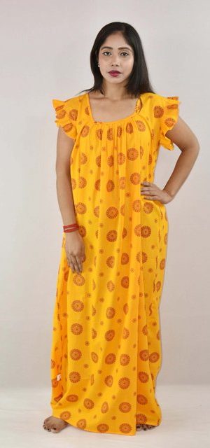 Yellow Cotton Maxi Nighty Square Neck Short Sleeves with pleats