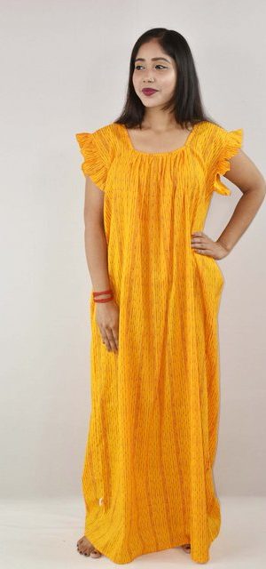 Yellow Cotton Maxi Nighty Square Neck Short Sleeves with pleats