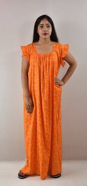 Yellow Cotton Maxi Nighty Square Neck Short Sleeves with pleats