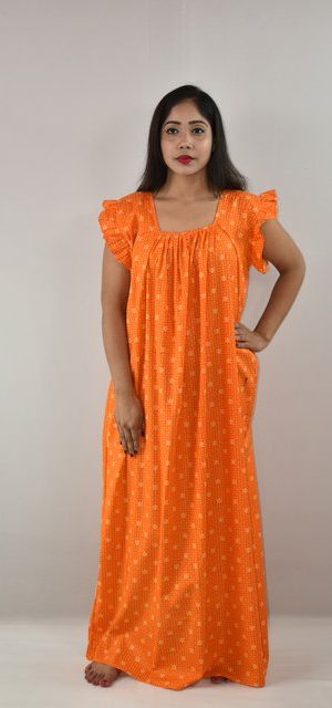 Yellow Cotton Maxi Nighty Square Neck Short Sleeves with pleats