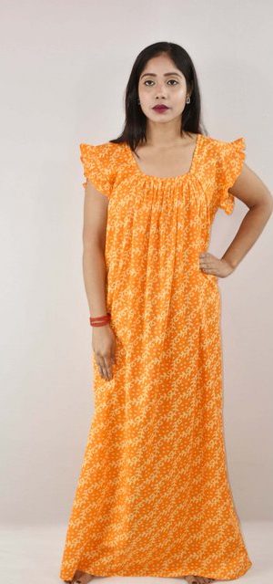 Yellow Cotton Maxi Nighty Square Neck Short Sleeves with pleats