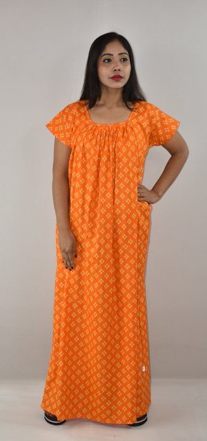 Yellow Cotton Maxi Nighty Square Neck Short Sleeves