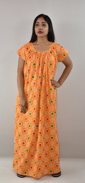 Yellow Cotton Maxi Nighty Round Neck Short Sleeves