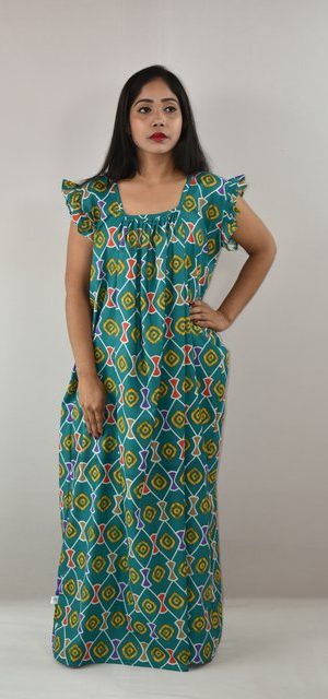 Sea Green Cotton Maxi Nighty Square Neck Short Sleeves