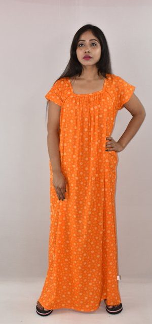 Yellow Cotton Maxi Nighty Square Neck Short Sleeves