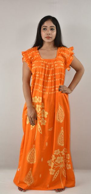 Yellow Cotton Maxi Nighty Square Neck Short Sleeves with pleats